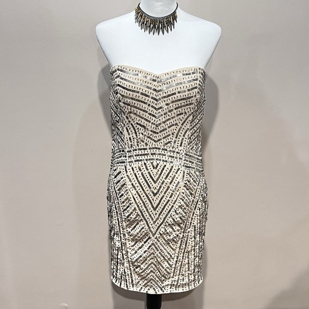 Temperance Dress M Beaded Sequin Strapless Cream Y2K Pom Bride Wedding Cocktail